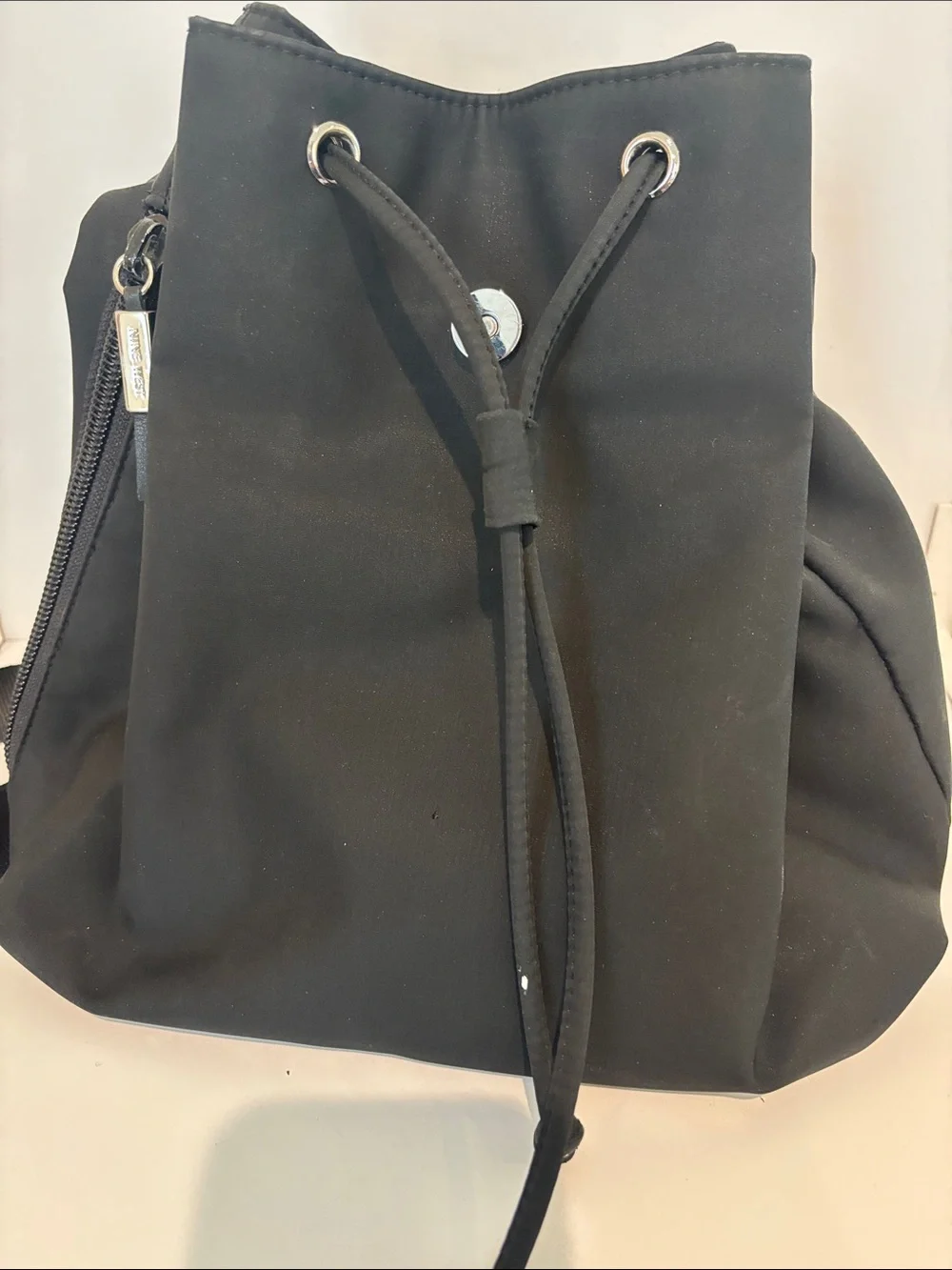 Nine West Black Drawstring Flap Backpack